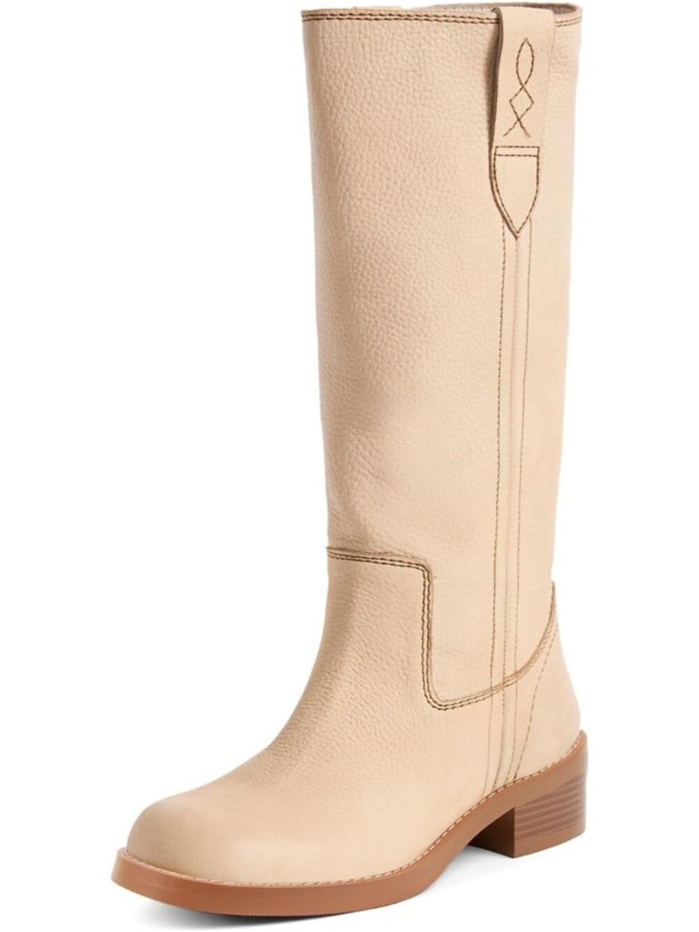 Women's Cream Knee High Boots Round Toe Tall Long Boots Vintage Pull On Low Heel